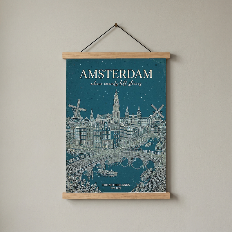 Amsterdam Line Art Print — Teal Canal Windmill Skyline Wall Art