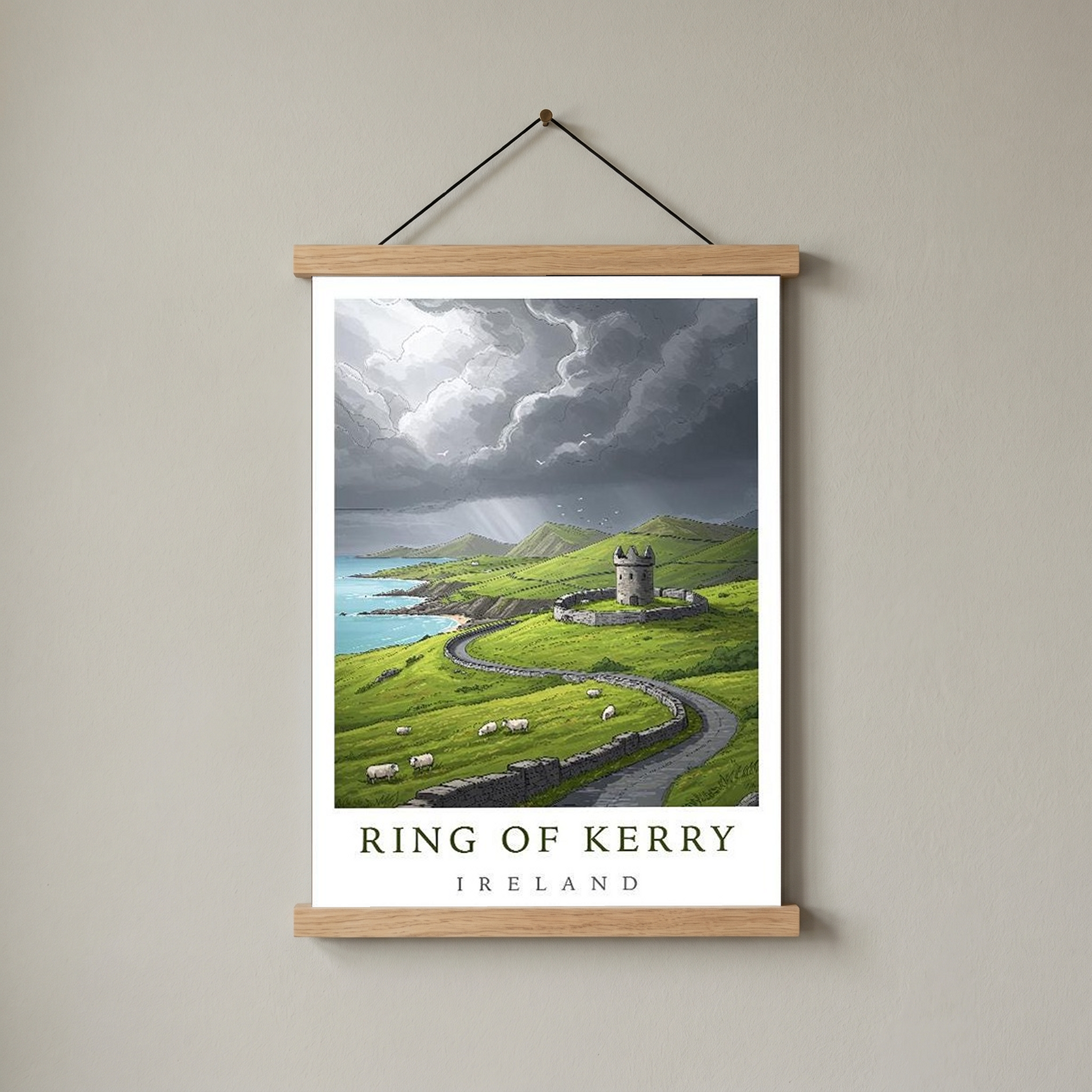 Ring of Kerry Ireland Travel Poster — Coastal Castle Sheep Stone Wall Print