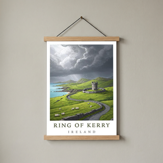 Ring of Kerry Ireland Travel Poster — Coastal Castle Sheep Stone Wall Print