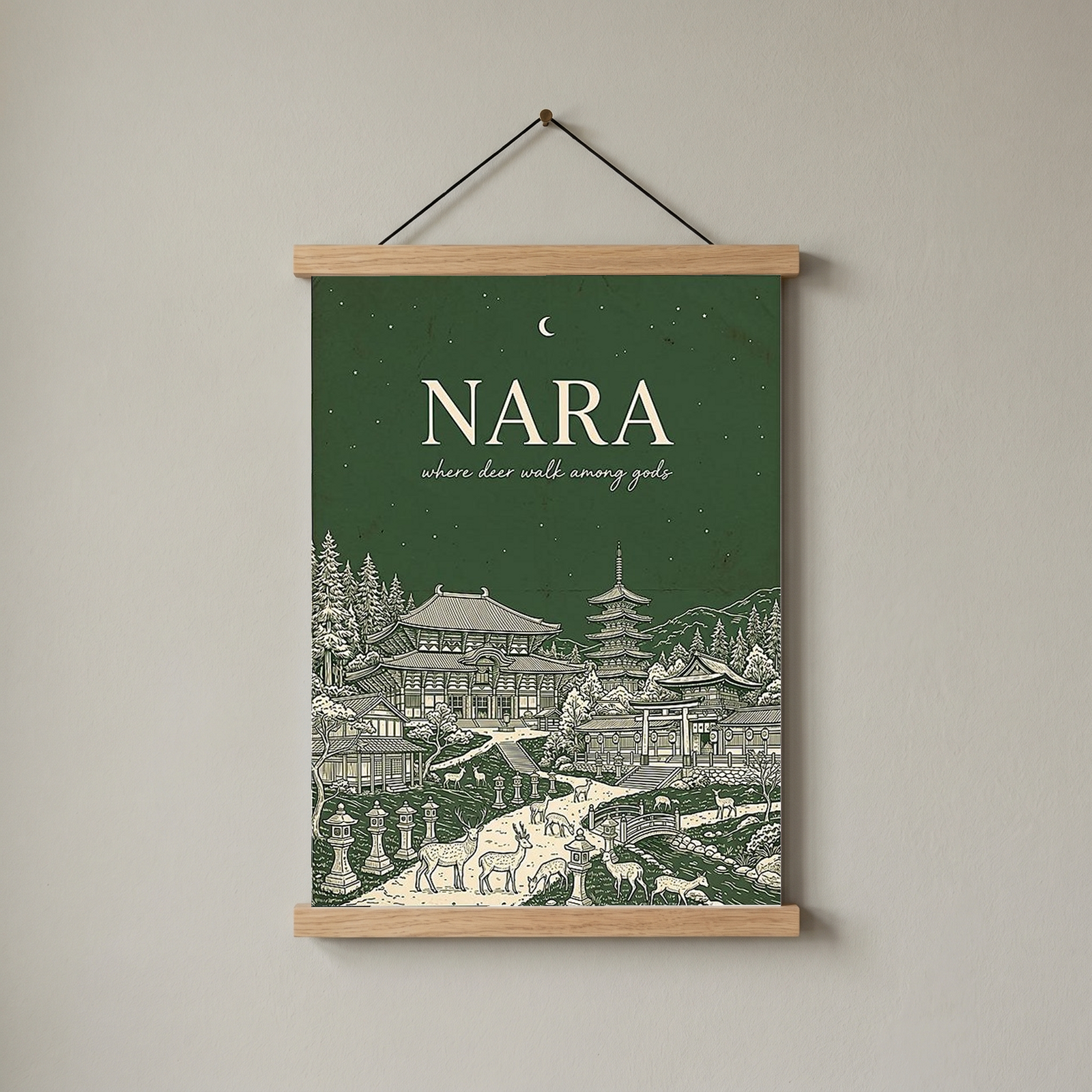 Nara Line Art Print — Forest Green Tōdai-ji Temple Pagoda Deer Wall Art