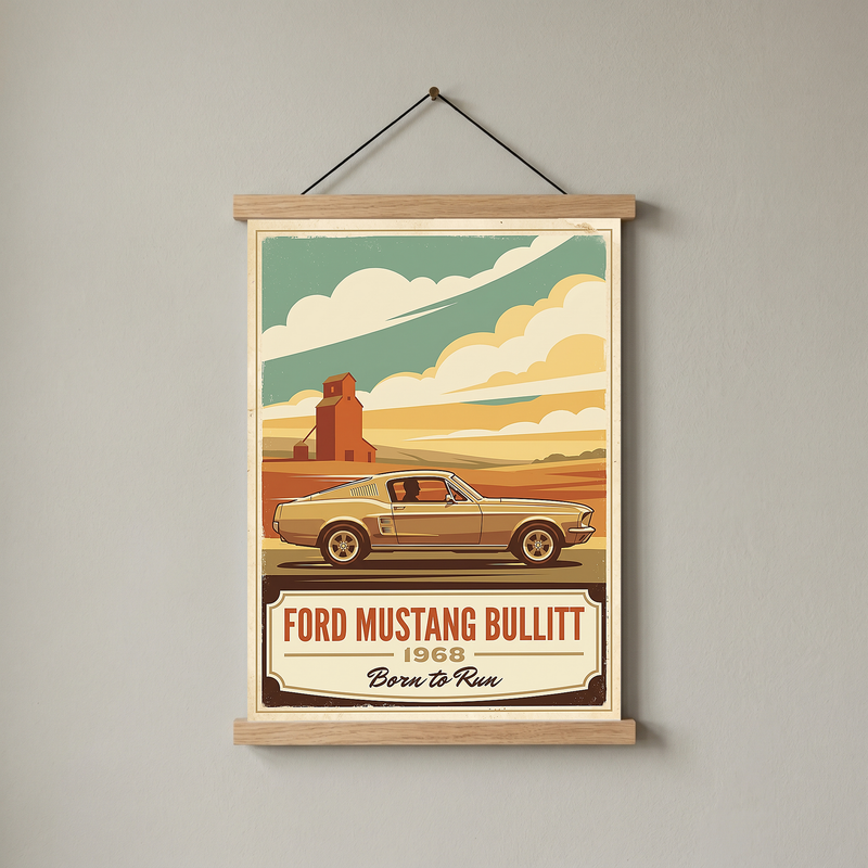 Ford Mustang Bullitt 1968 V2 Poster — Vintage Muscle Country Silo Print