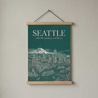 Seattle Line Art Travel Poster — Mount Rainier Cityscape Pacific Northwest Print