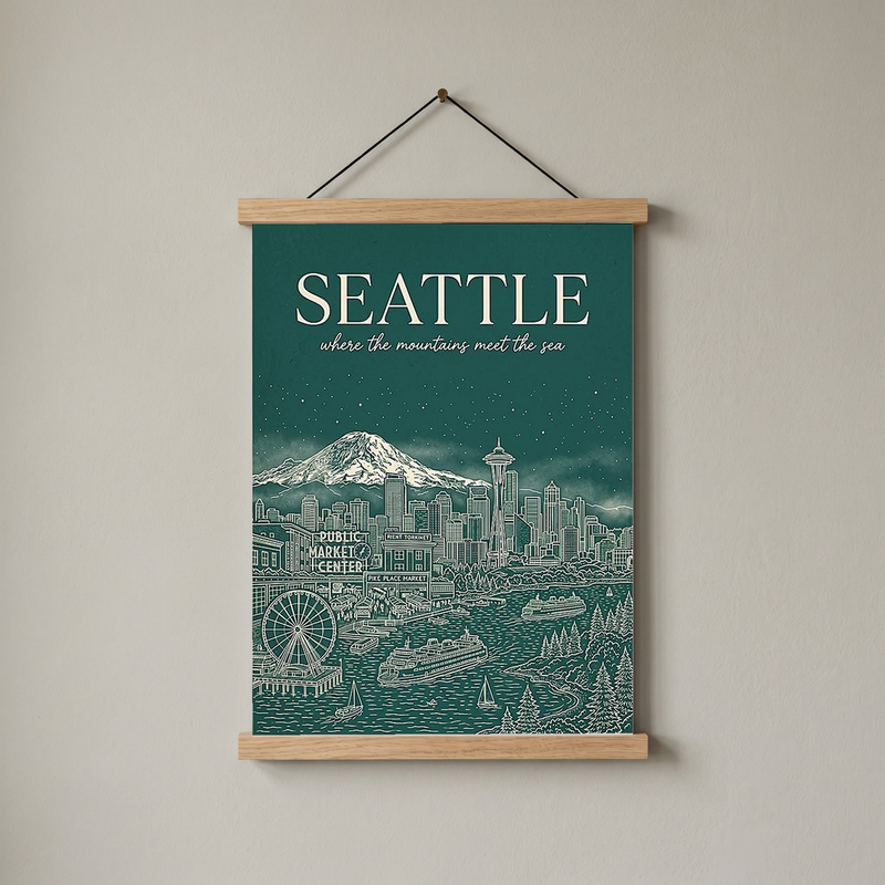Seattle Line Art Travel Poster — Mount Rainier Cityscape Pacific Northwest Print