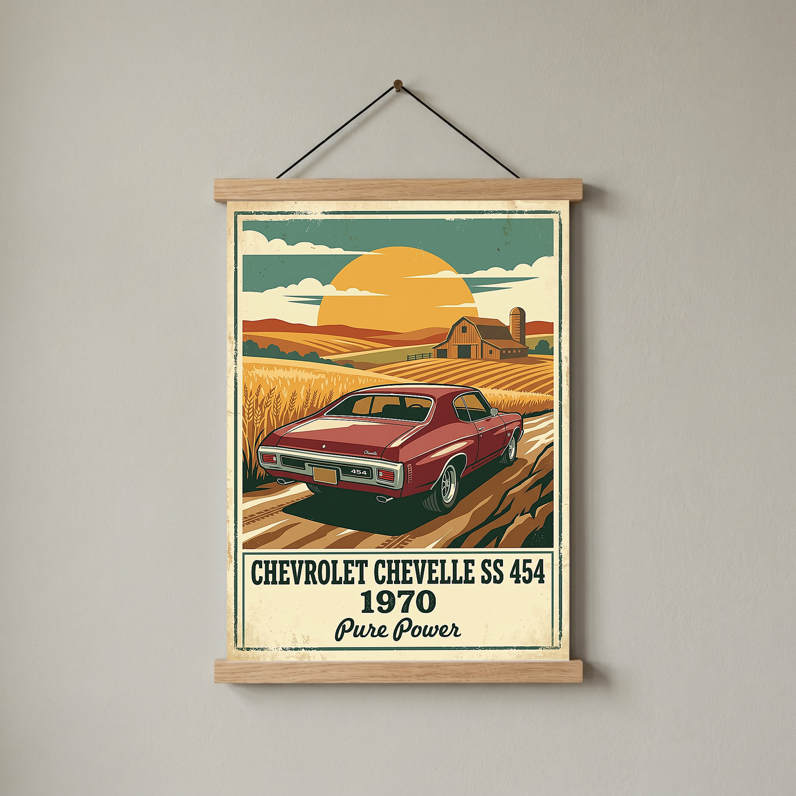 Chevrolet Chevelle SS 454 1970 V3 Poster — Vintage Muscle Car Wheat Field Barn Print