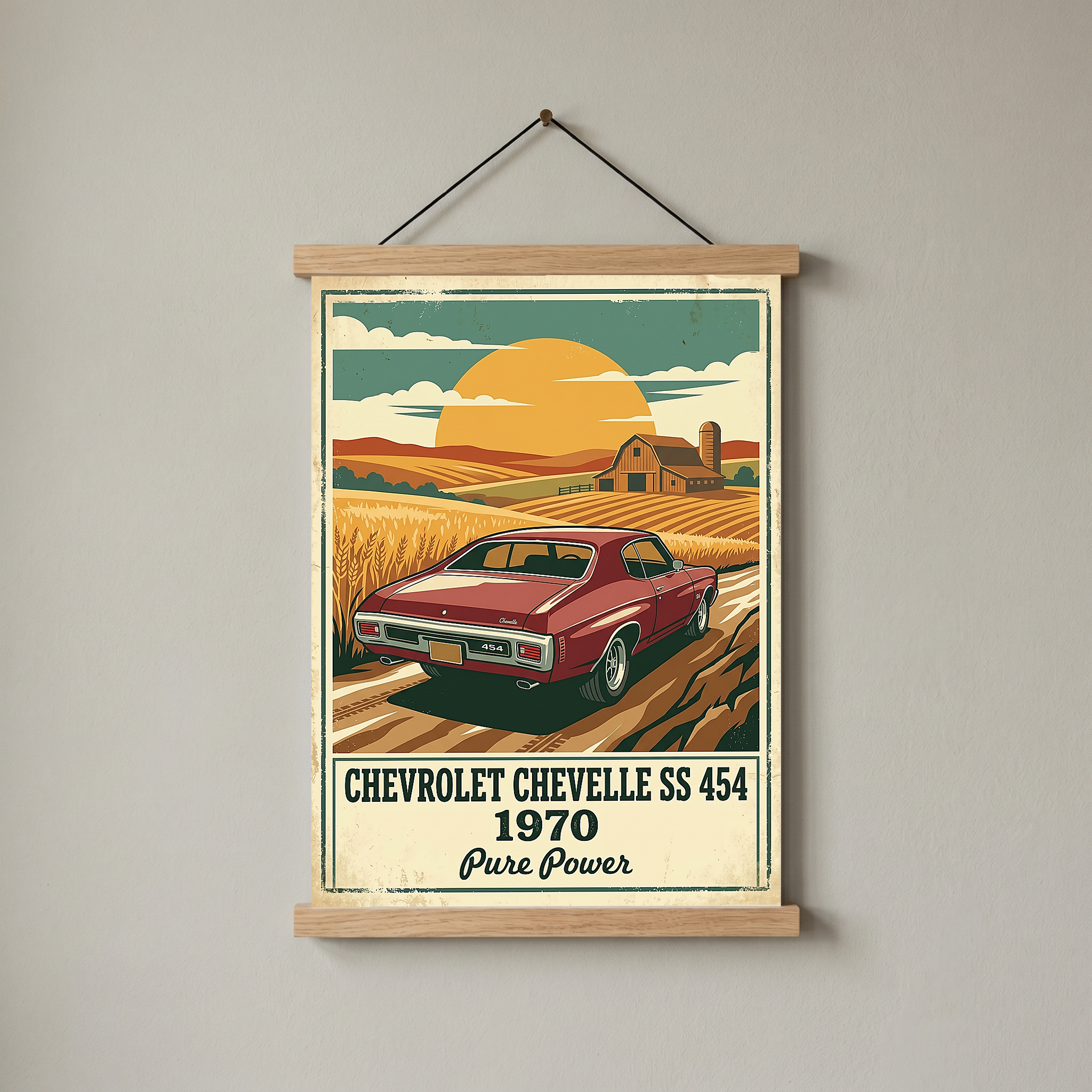 Chevrolet Chevelle SS 454 1970 V3 Poster — Vintage Muscle Car Wheat Field Barn Print