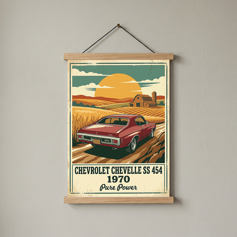Chevrolet Chevelle SS 454 1970 V3 Poster — Vintage Muscle Car Wheat Field Barn Print