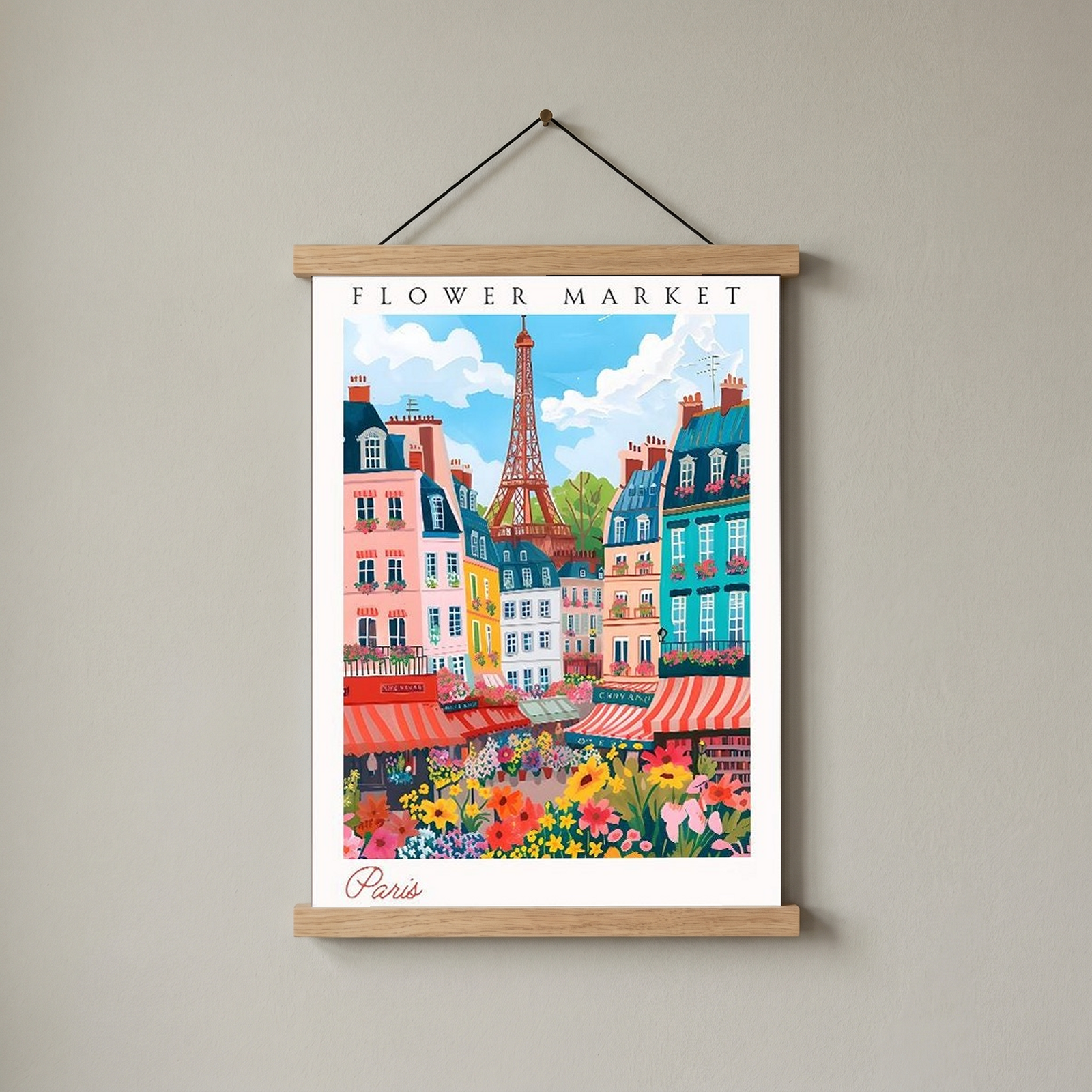 Paris Flower Market Print — Eiffel Tower Cityscape French Botanical Art