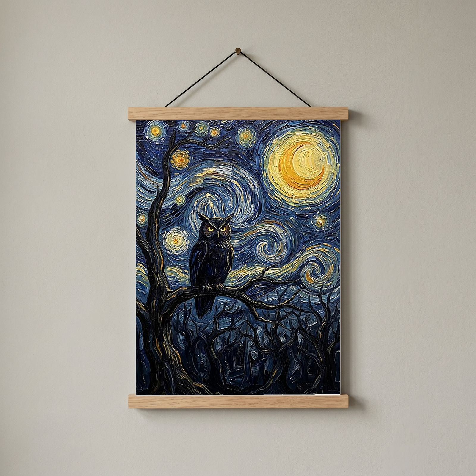 Wise Owl Starry Night Print — Van Gogh-Style Mystical Forest Wall Art