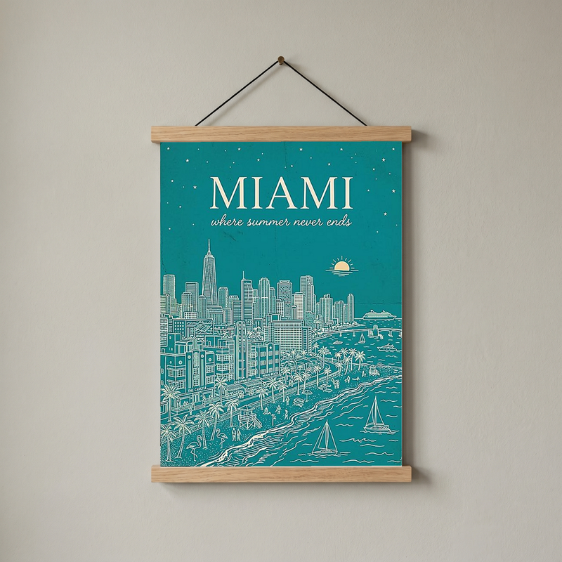 Miami Line Art Print — Teal South Beach Skyline Art Deco Wall Art
