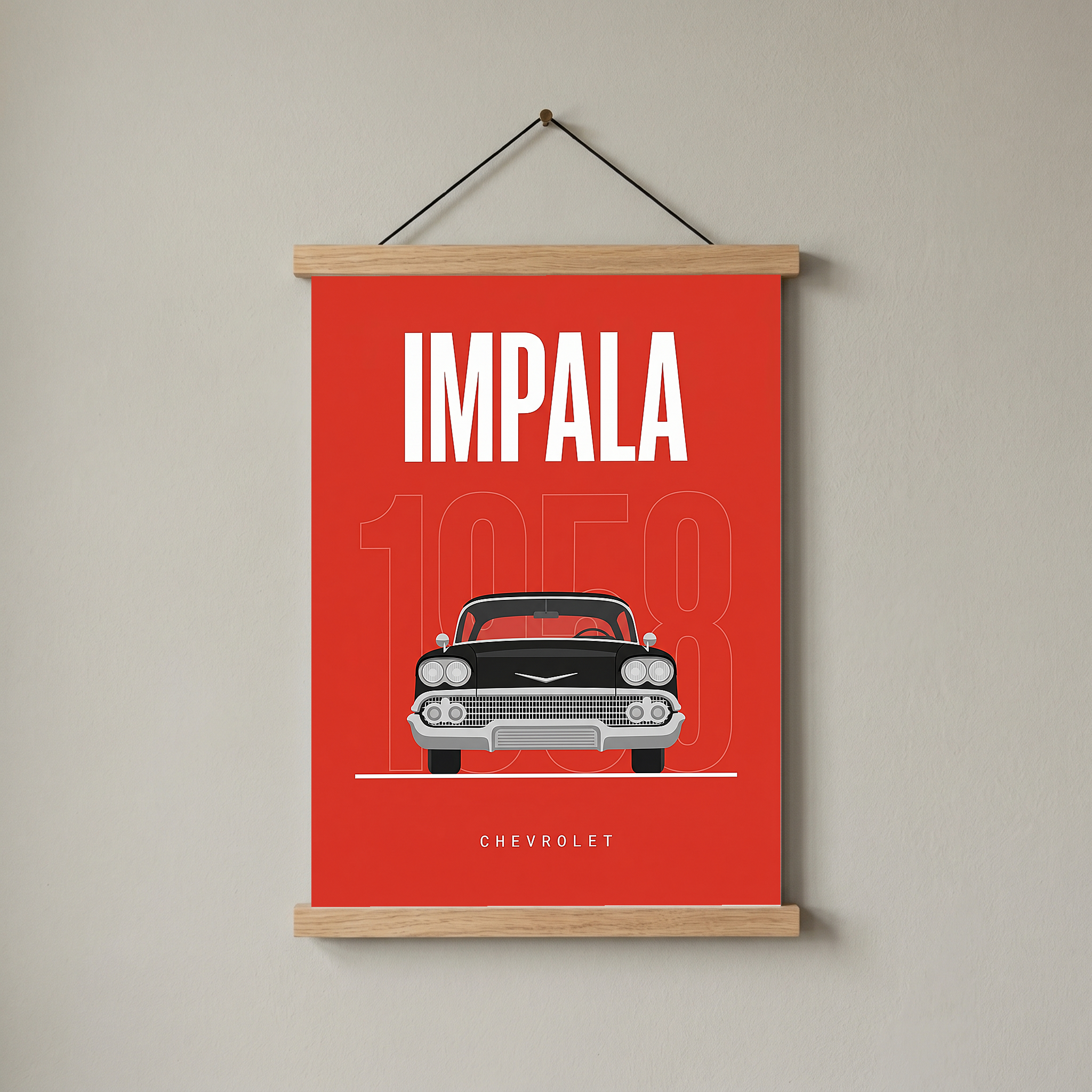 Chevrolet Impala 1958 Minimalist Poster — Red Classic Muscle Line Art