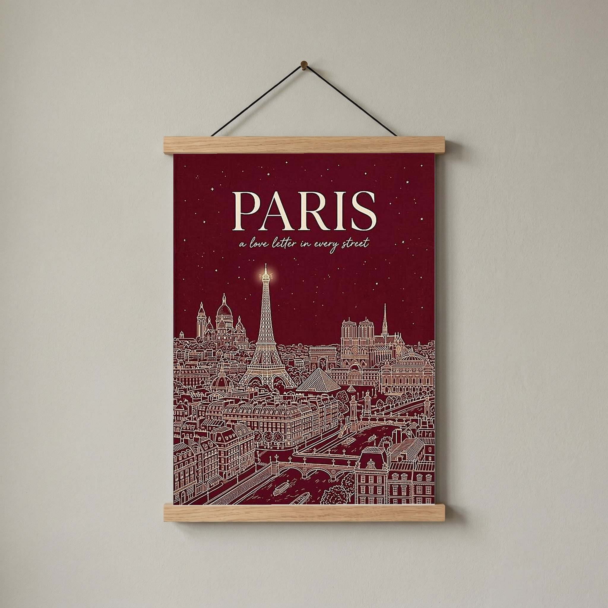 Paris Line Art Print — Burgundy Eiffel Tower Skyline Wall Art