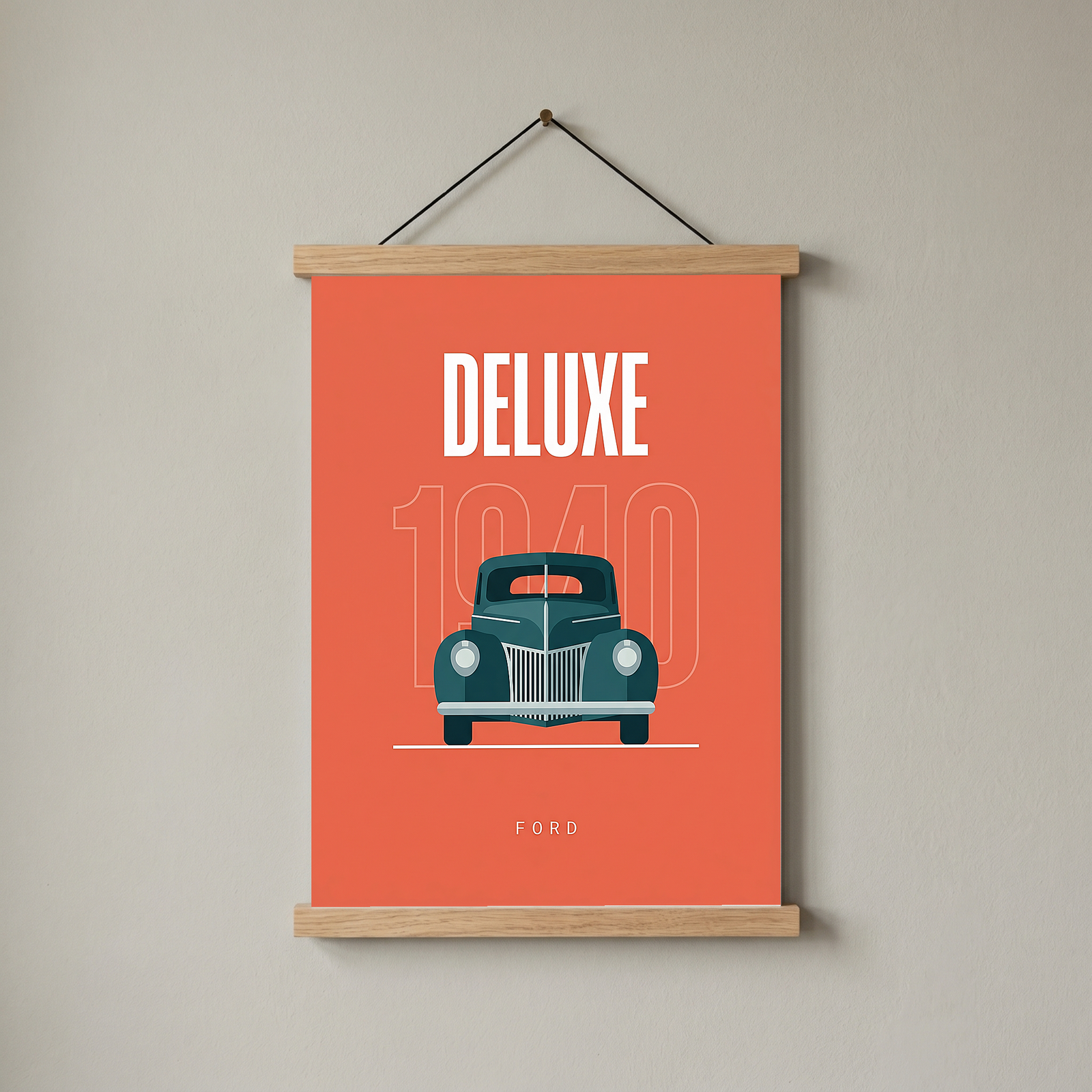 Ford Deluxe 1940 Minimalist Poster — Coral Pre-War Classic Line Art