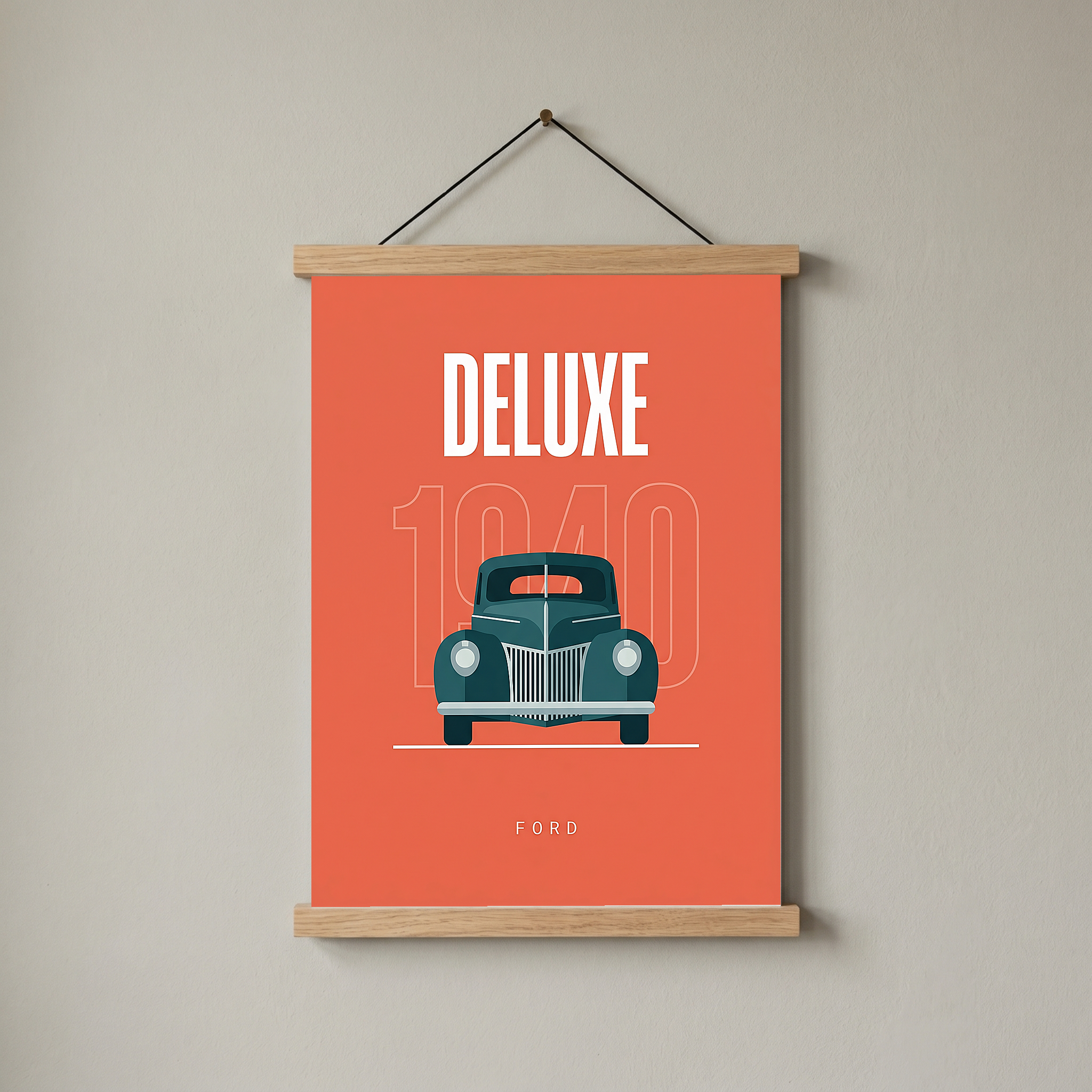Ford Deluxe 1940 Minimalist Poster — Coral Pre-War Classic Line Art
