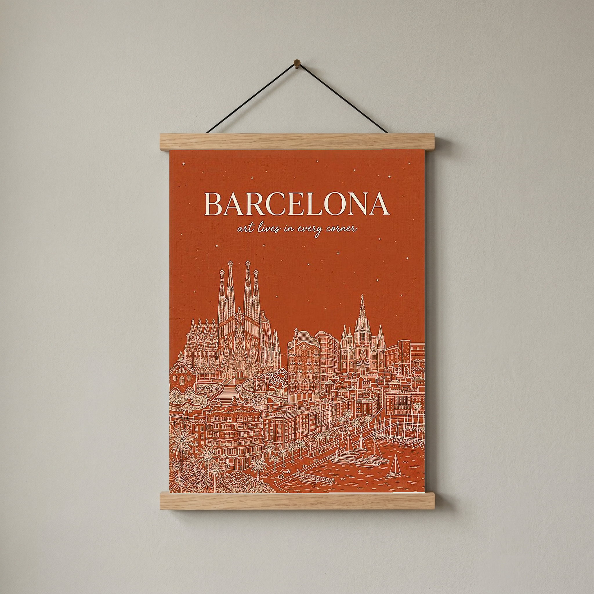 Barcelona Line Art Print — Burnt Orange Sagrada Familia Skyline Wall Art