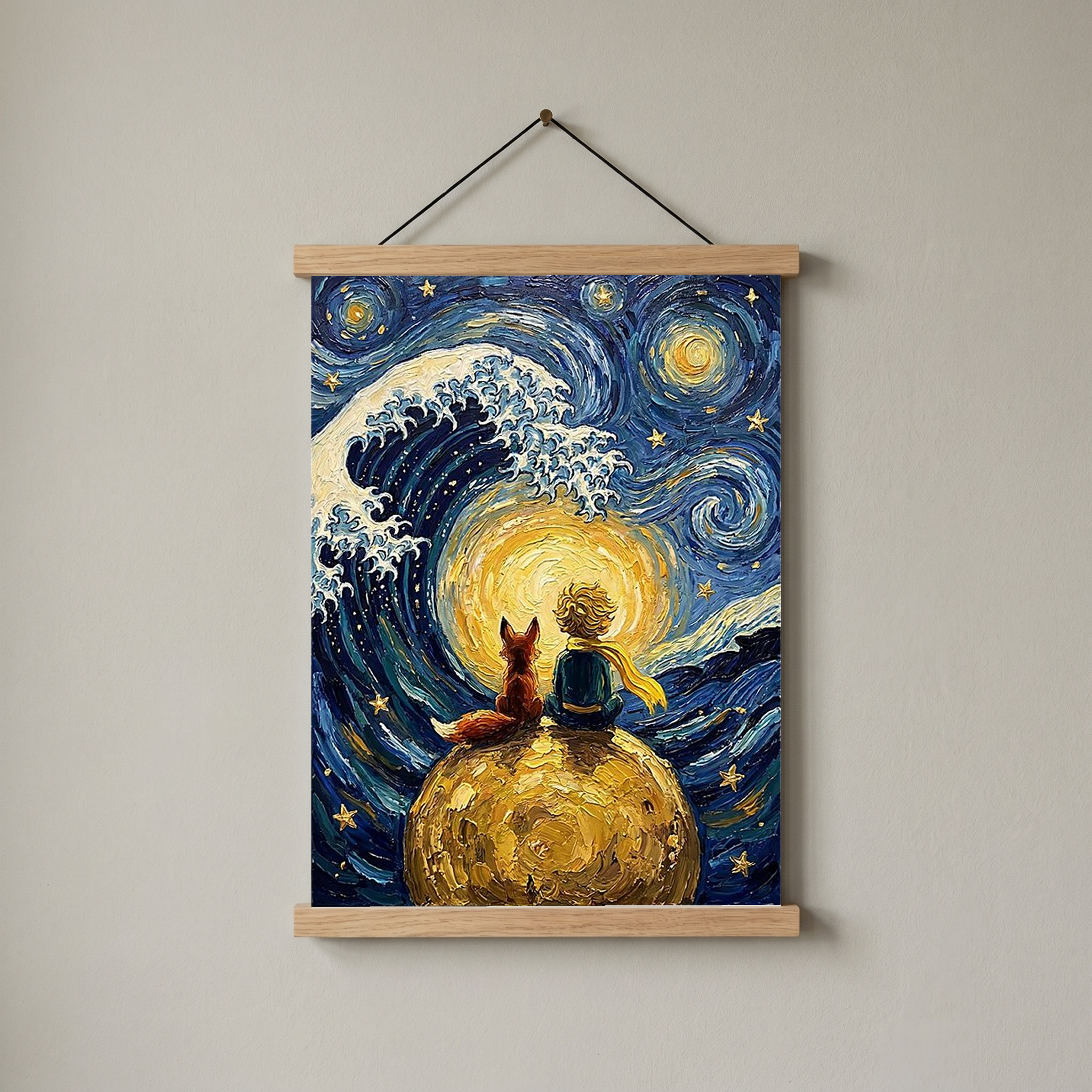 Little Prince Fox &amp; Planet Print — Van Gogh-Style Nursery Wall Art