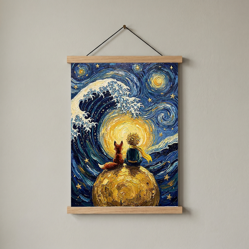 Little Prince Fox &amp; Planet Print — Van Gogh-Style Nursery Wall Art