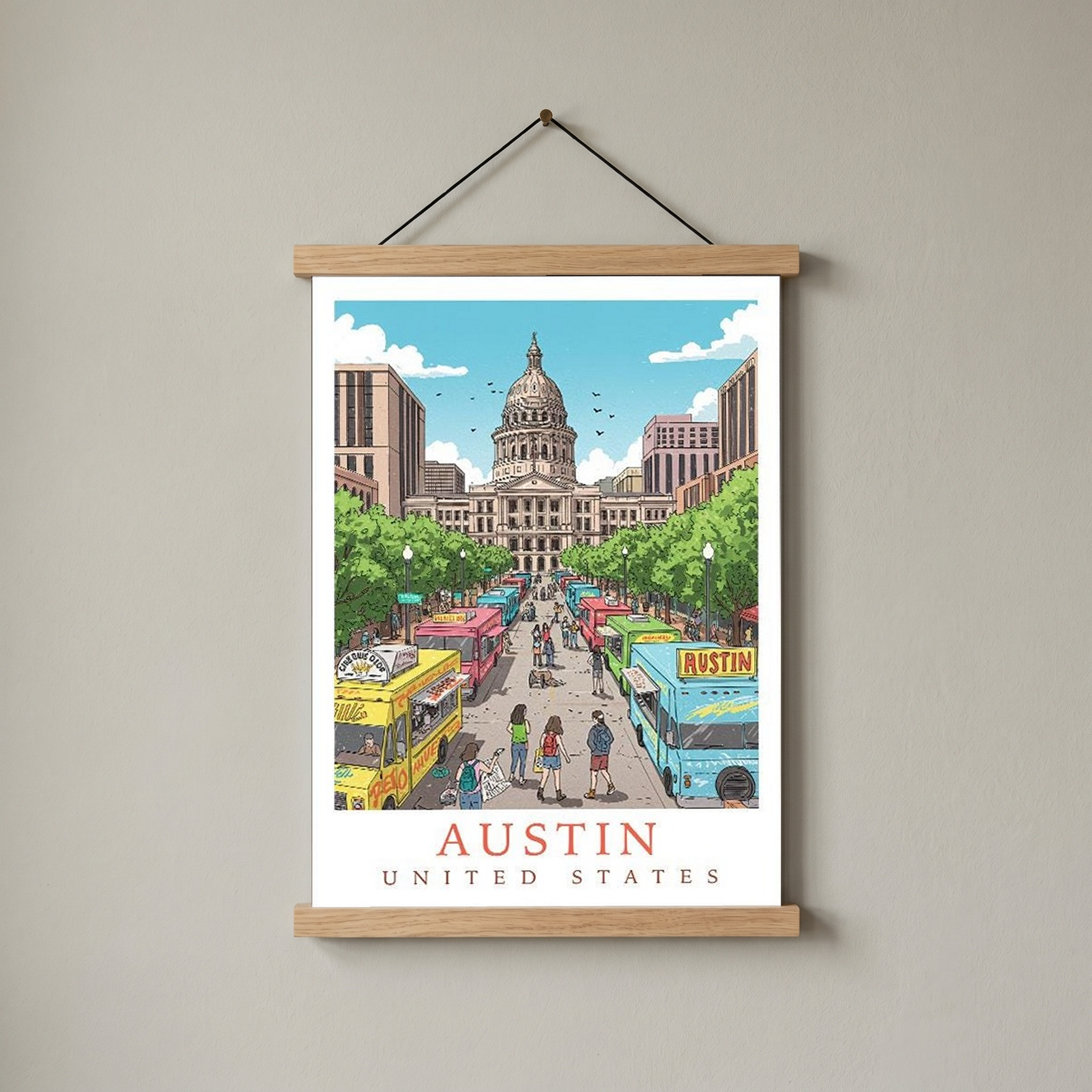 Austin Texas Travel Poster — State Capitol Food Truck Congress Print