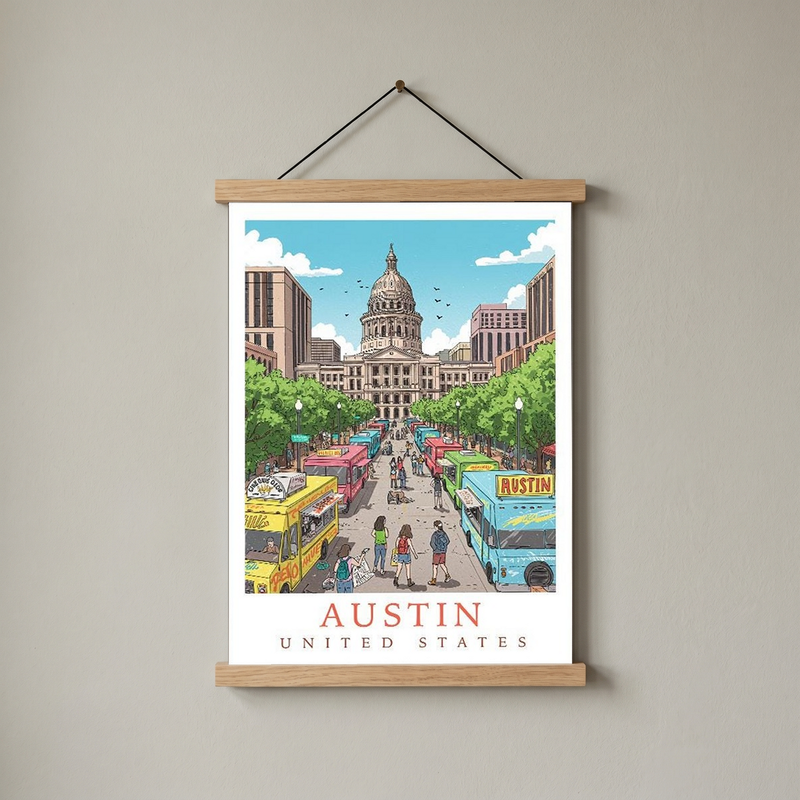 Austin Texas Travel Poster — State Capitol Food Truck Congress Print