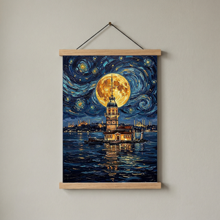 Maiden Tower Istanbul Full Moon Print — Van Gogh-Style Skyline Wall Art