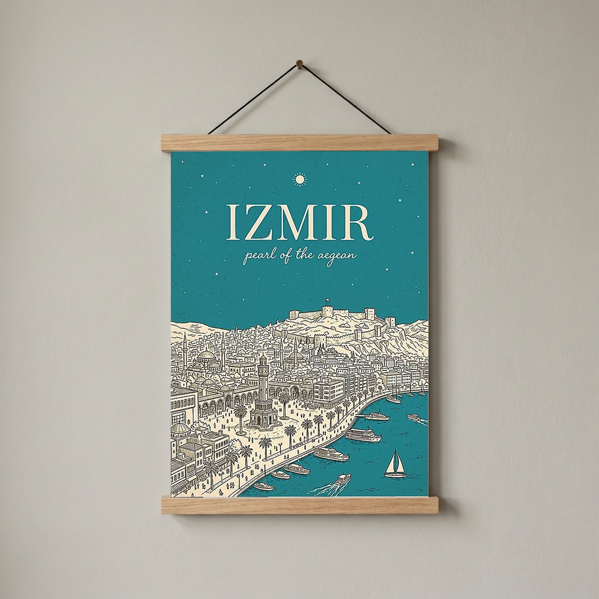 İzmir Line Art Print — Teal Clock Tower Kadifekale Aegean Coast Wall Art