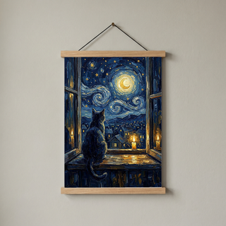 Cat at Candlelit Window Print — Van Gogh Starry Night Village Wall Art