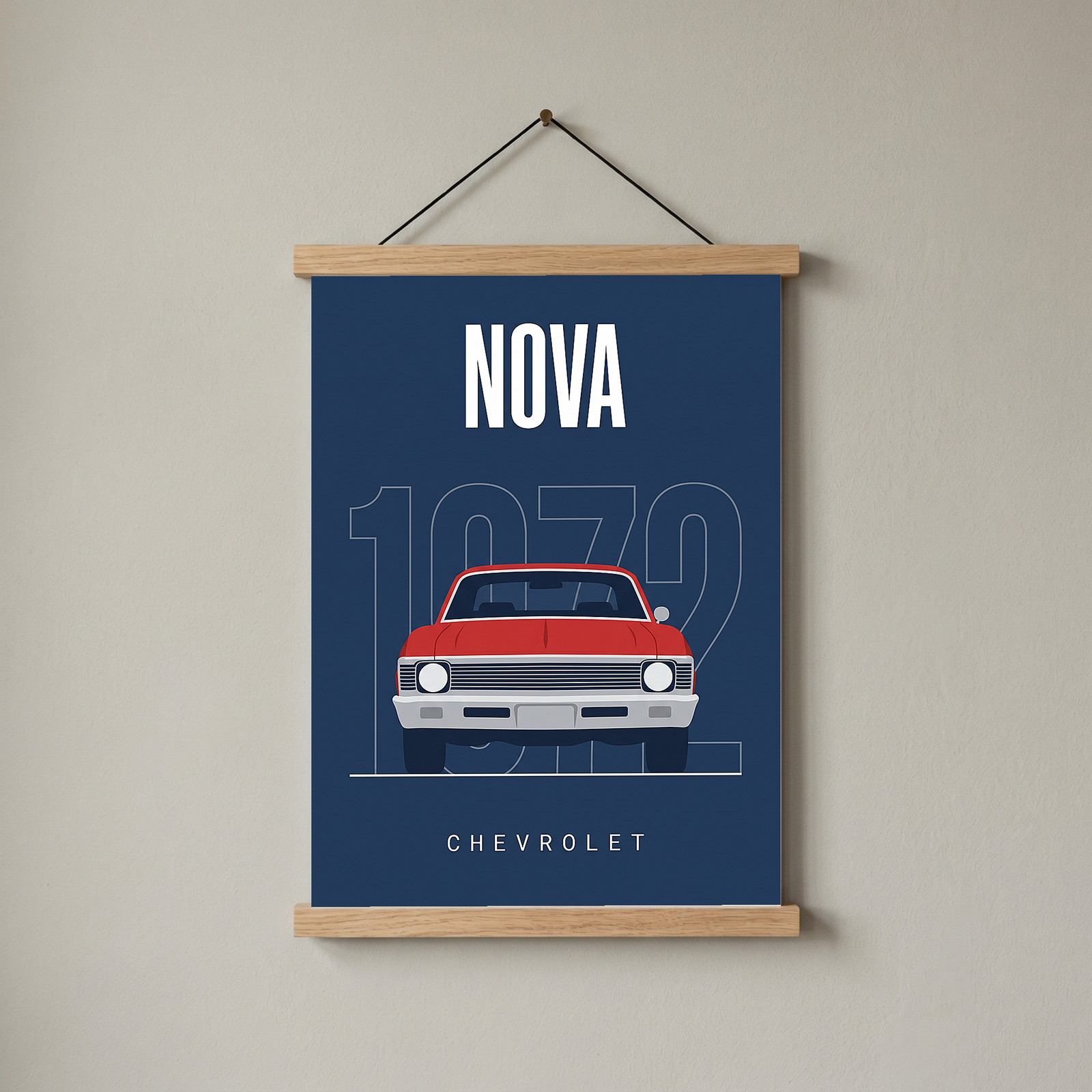 Chevrolet Nova 1972 Minimalist Poster — Red on Navy Compact Muscle Line Art