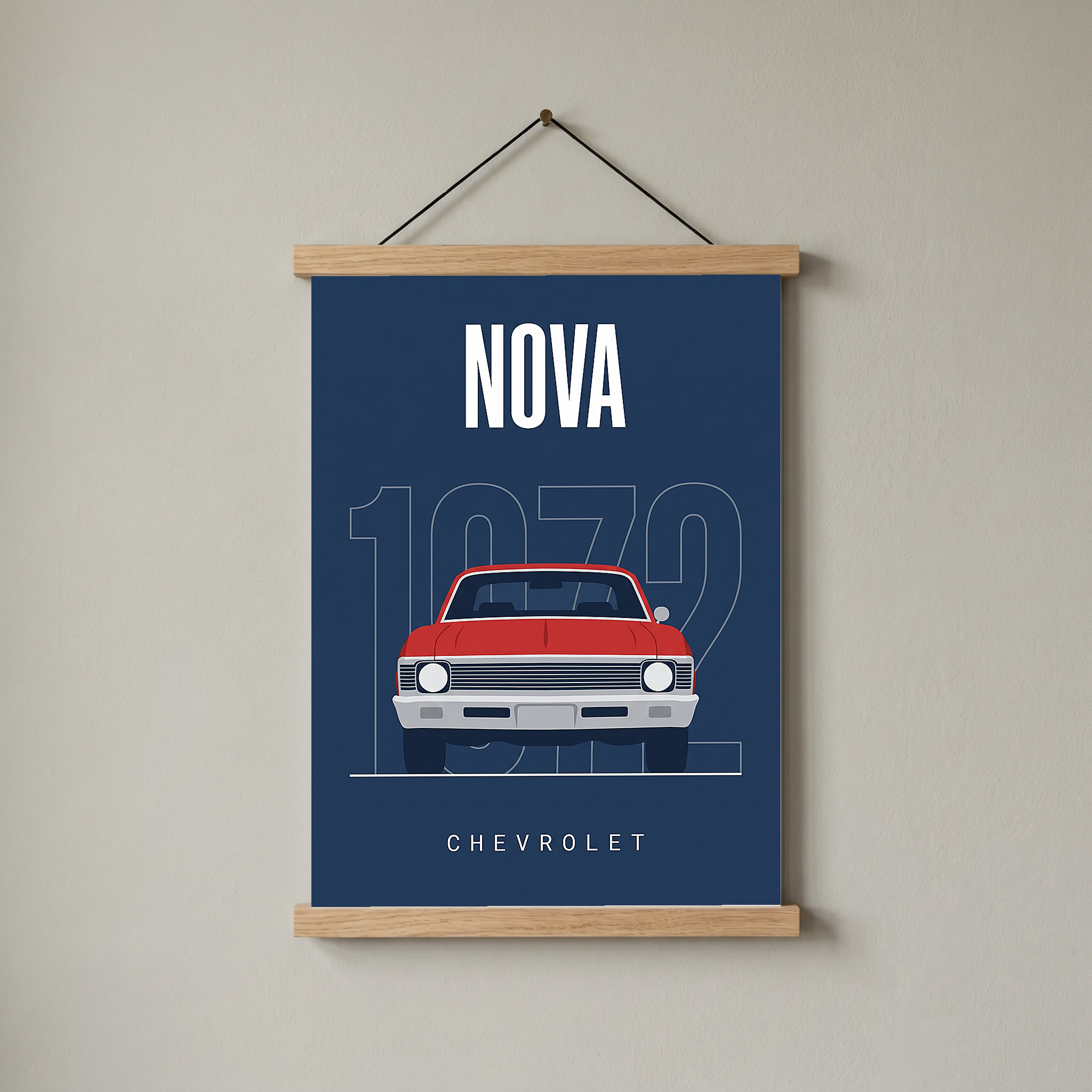 Chevrolet Nova 1972 Minimalist Poster — Red on Navy Compact Muscle Line Art