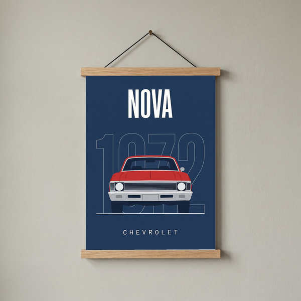 Chevrolet Nova 1972 Minimalist Poster — Red on Navy Compact Muscle Line Art
