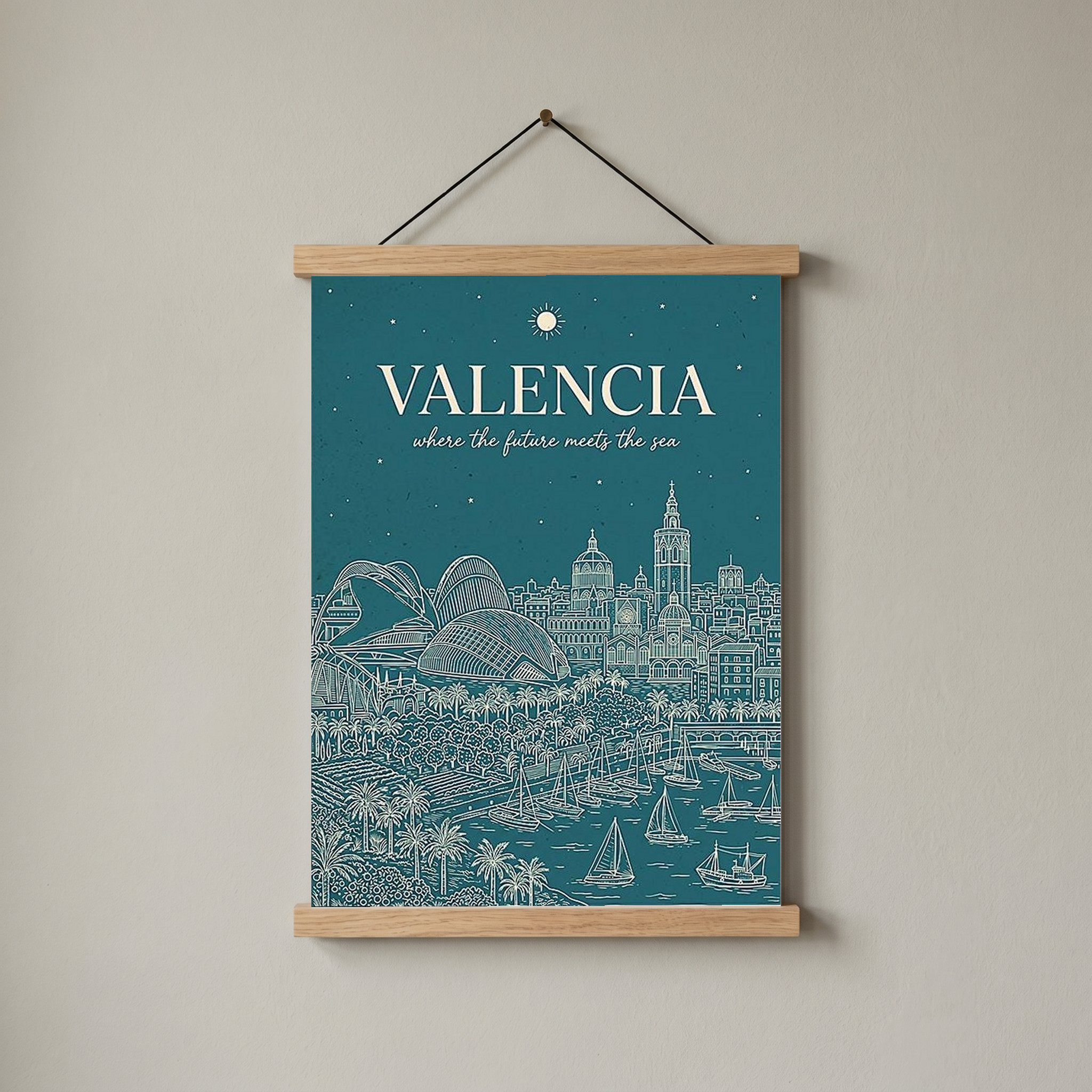 Valencia Line Art Print — Teal City of Arts Sciences Mediterranean Skyline Wall Art