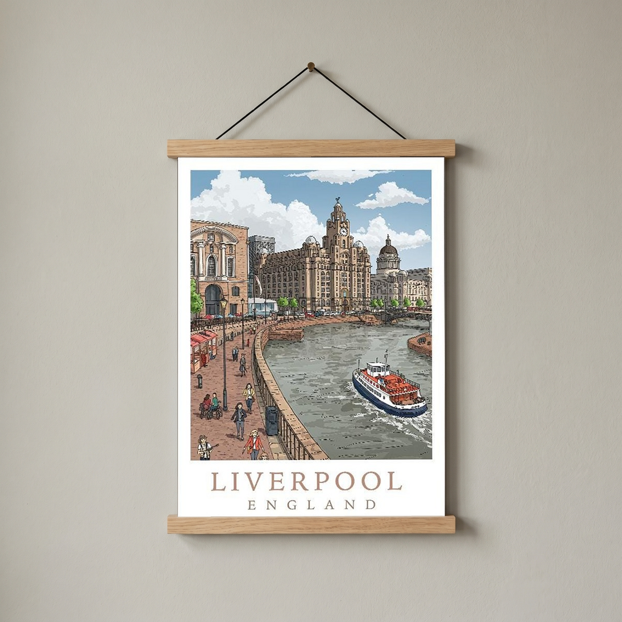 Liverpool England Travel Poster — Pier Head Liver Building Waterfront Print