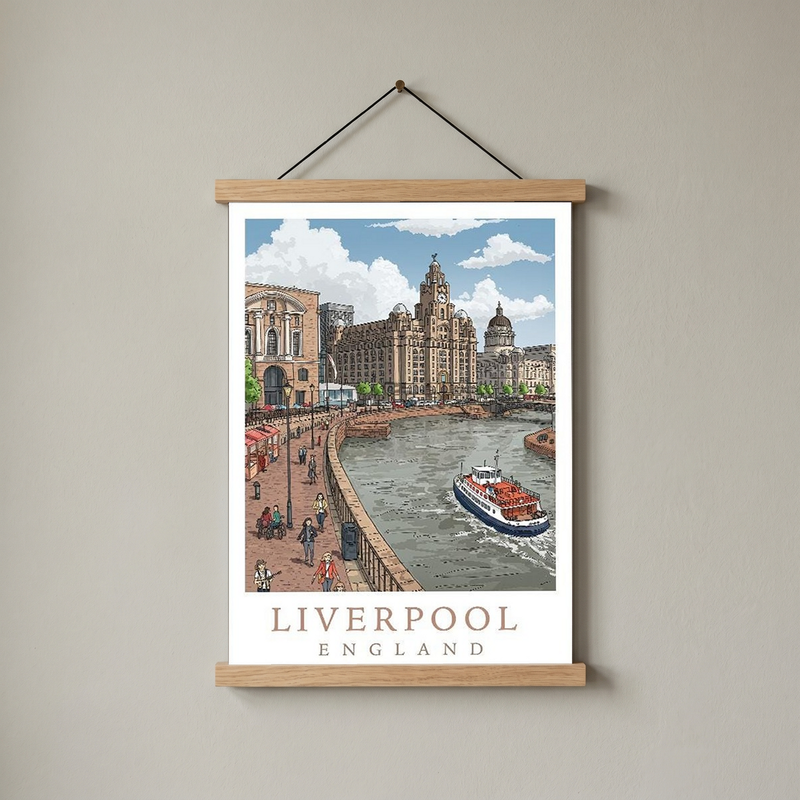 Liverpool England Travel Poster — Pier Head Liver Building Waterfront Print
