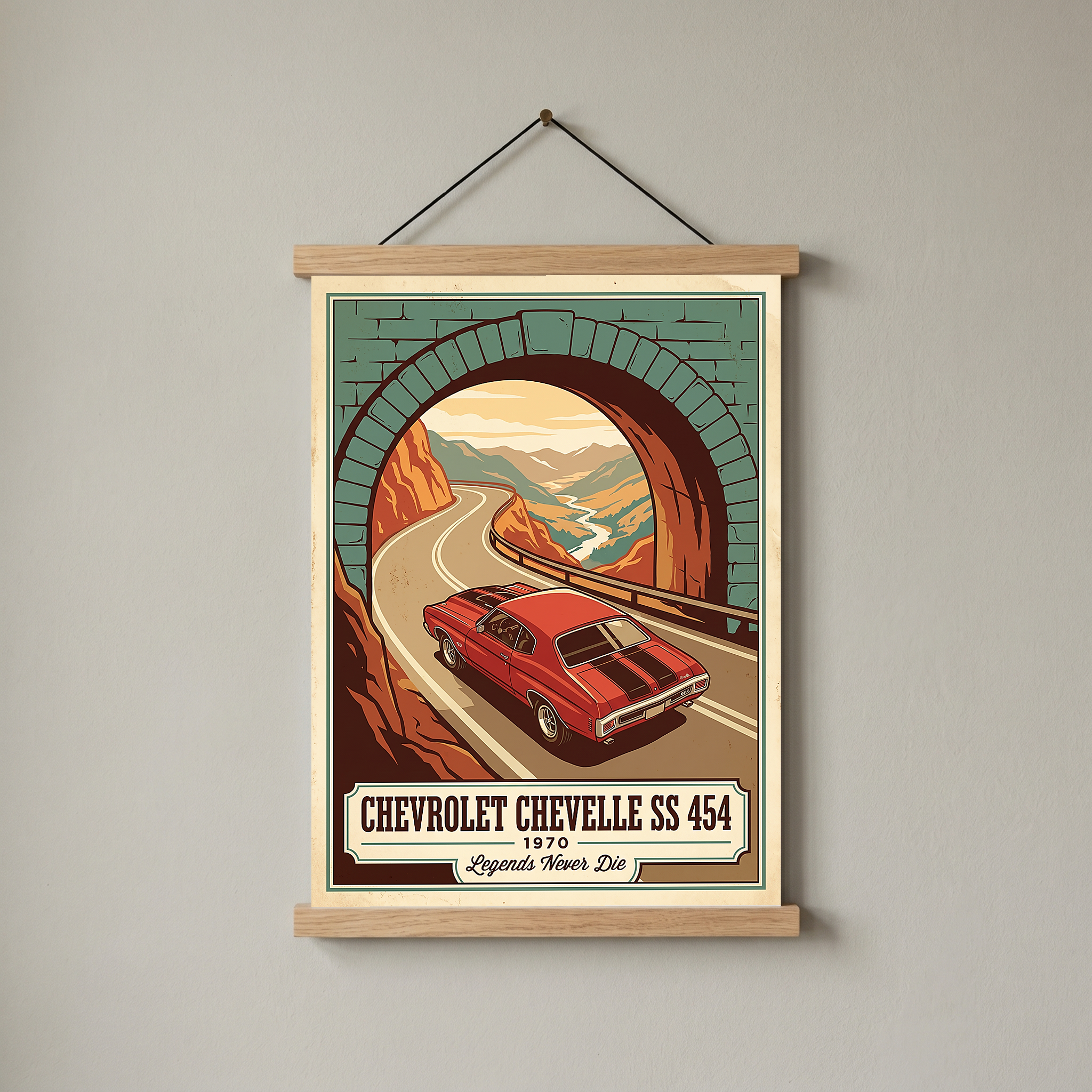 Chevrolet Chevelle SS 454 1970 V9 Stone Tunnel Poster — Vintage Muscle Mountain Pass