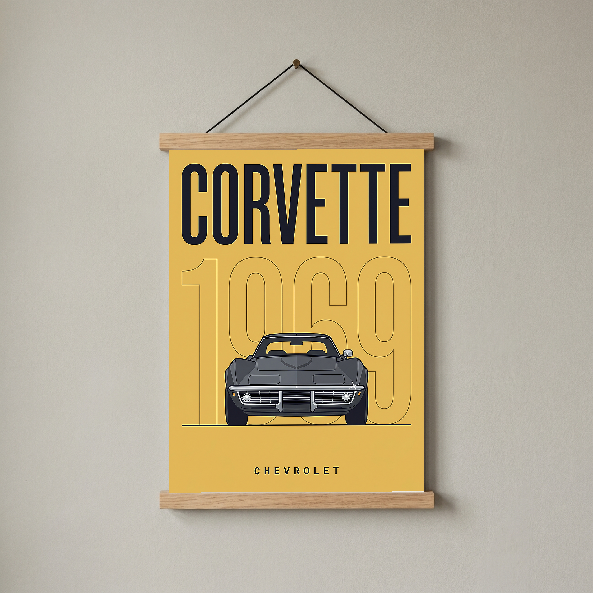 Chevrolet Corvette 1969 V2 Yellow Minimalist Poster — Muscle Car Line Art