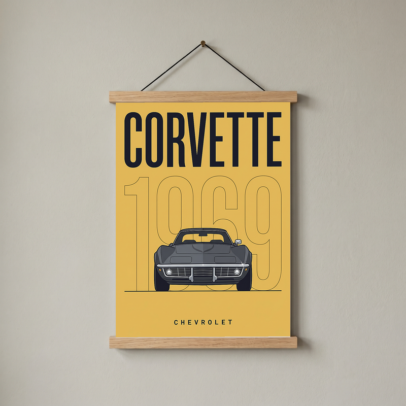 Chevrolet Corvette 1969 V2 Yellow Minimalist Poster — Muscle Car Line Art