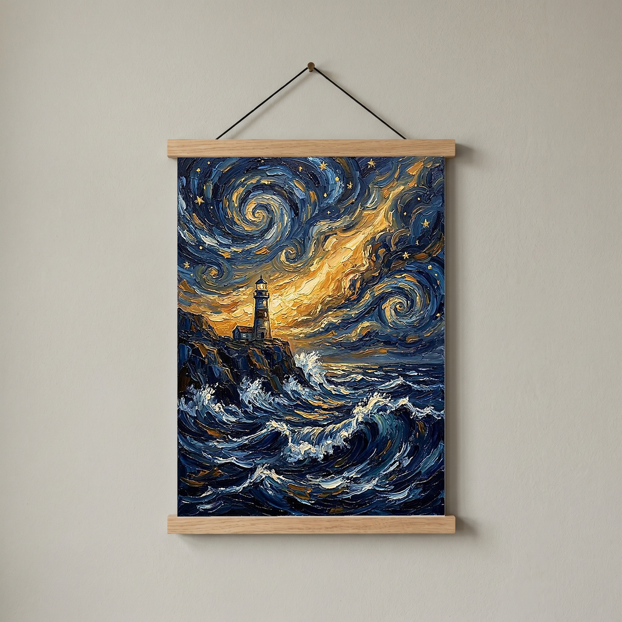 Lighthouse Stormy Sea Print — Van Gogh Starry Night Coastal Wall Art