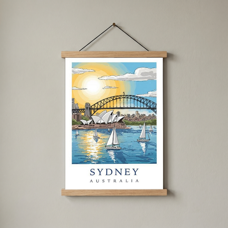 Sydney Australia Travel Poster — Opera House Harbour Bridge Sailboat Print