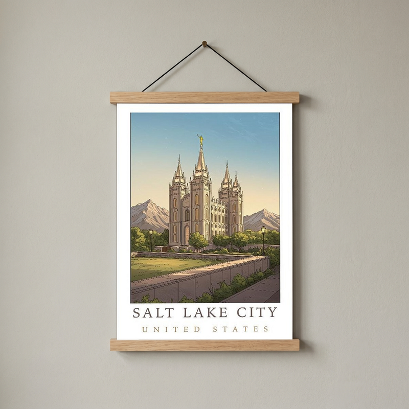 Salt Lake City Utah Travel Poster — Temple Square Wasatch Mountains Print