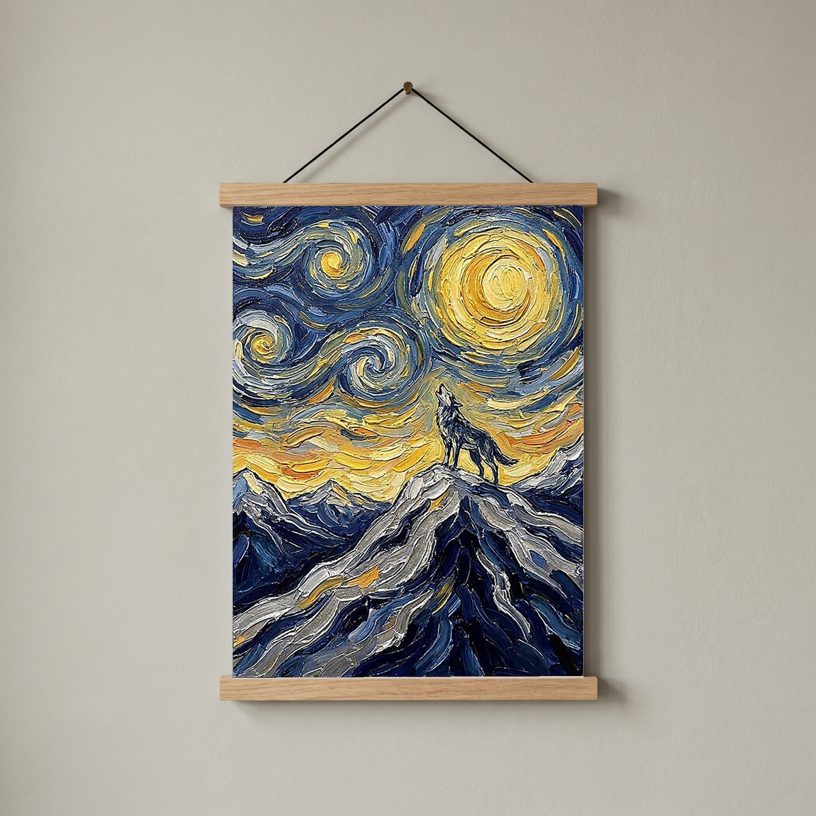 Lone Wolf Howling Mountain Peak Print — Van Gogh Starry Night Wall Art