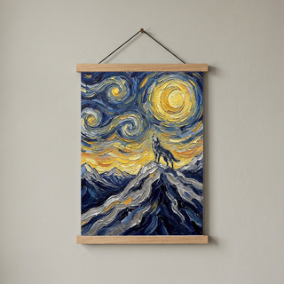 Lone Wolf Howling Mountain Peak Print — Van Gogh Starry Night Wall Art