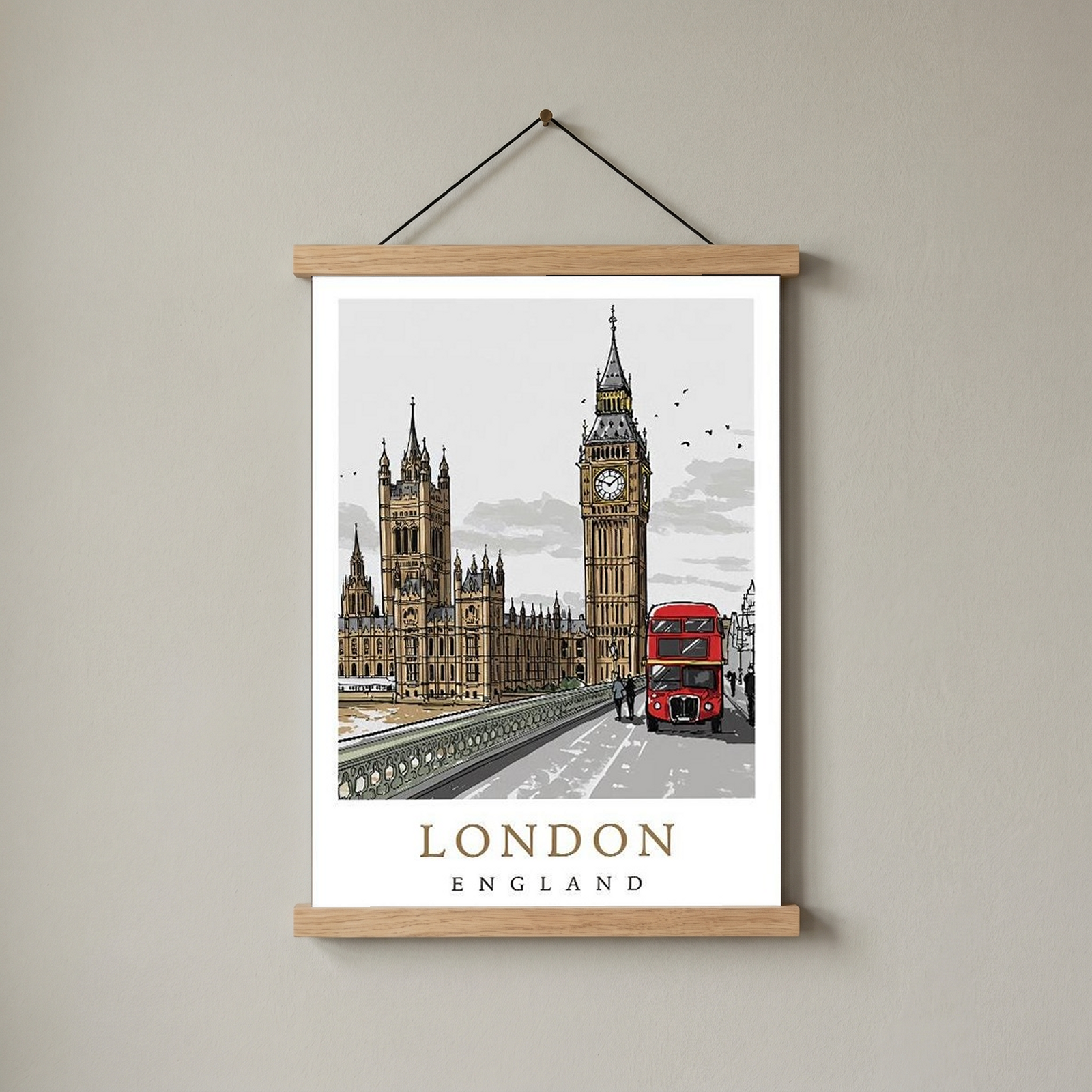 London Travel Poster — Big Ben Houses of Parliament Red Bus Print