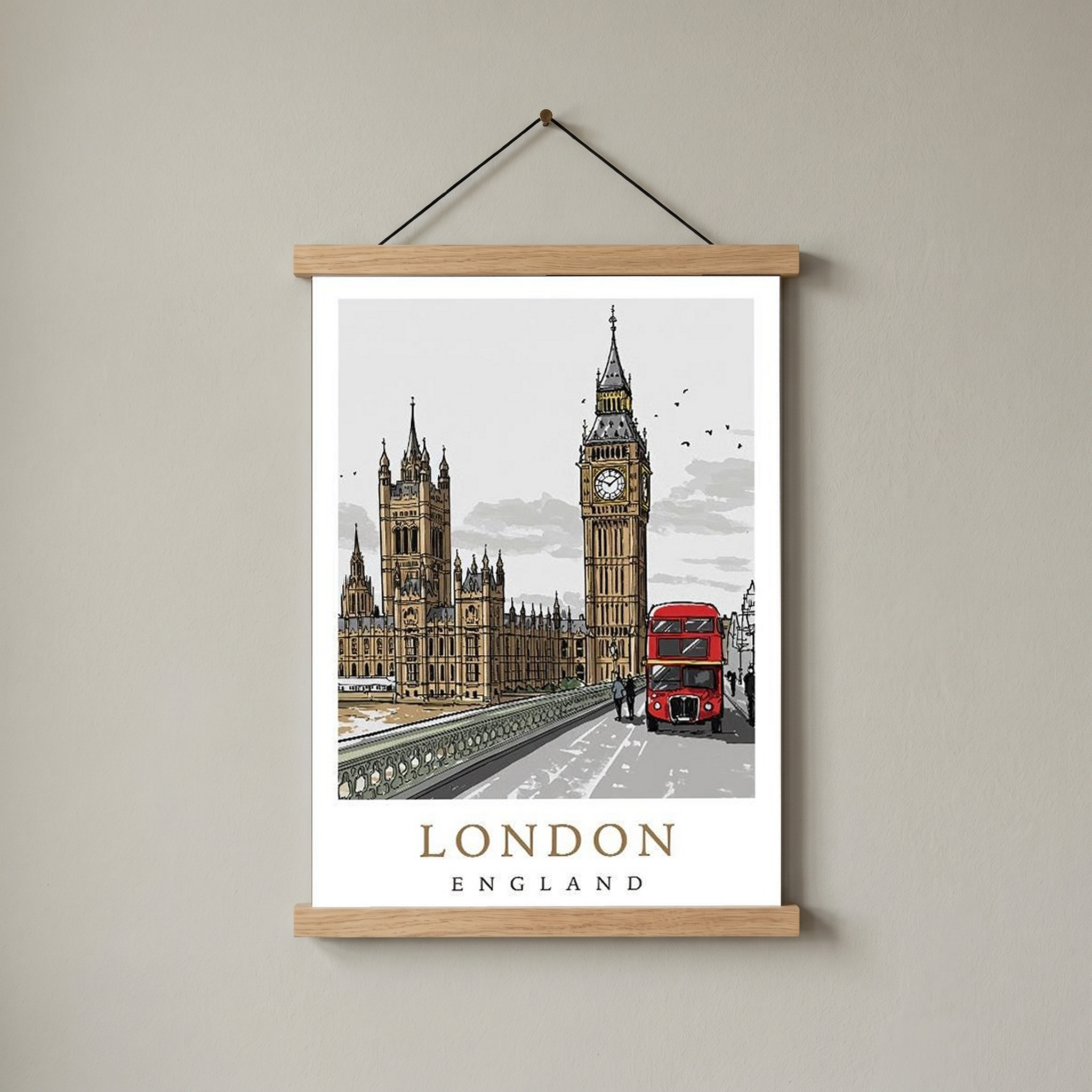London Travel Poster — Big Ben Houses of Parliament Red Bus Print