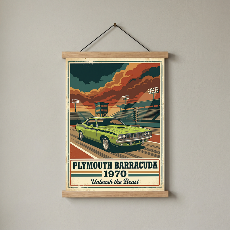 Plymouth Barracuda 1970 Poster — Vintage Muscle Car Race Track Print