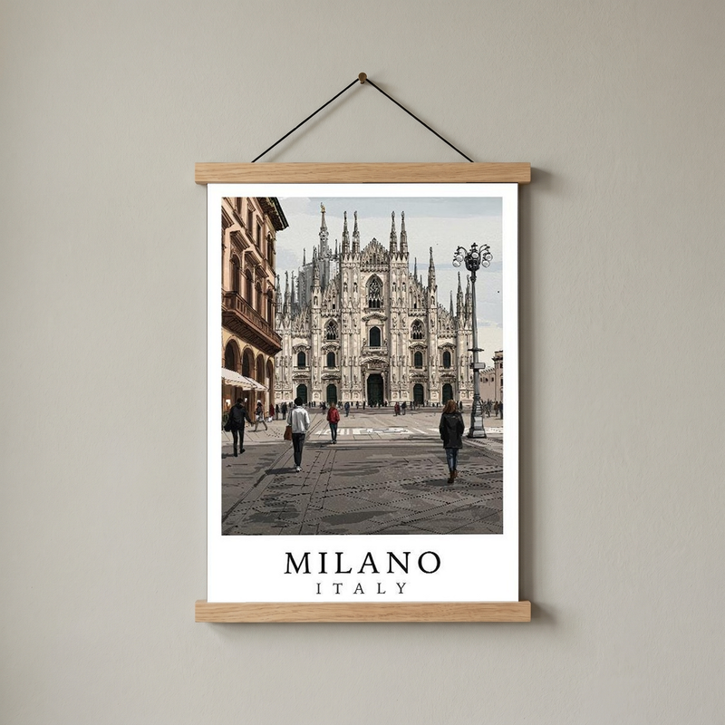 Milano Italy Travel Poster — Duomo Piazza Daytime Cityscape Print