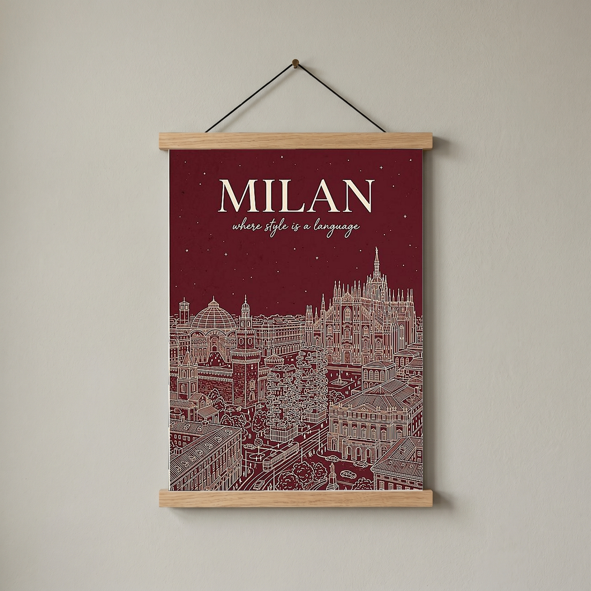 Milan Line Art Print — Wine Red Duomo Skyline Wall Art