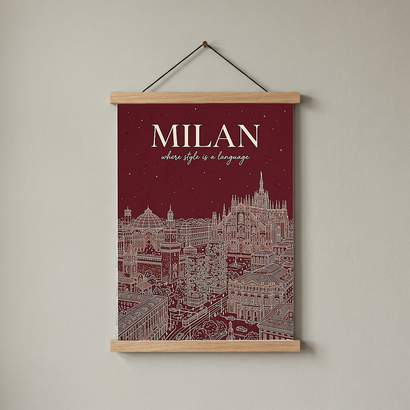 Milan Line Art Print — Wine Red Duomo Skyline Wall Art