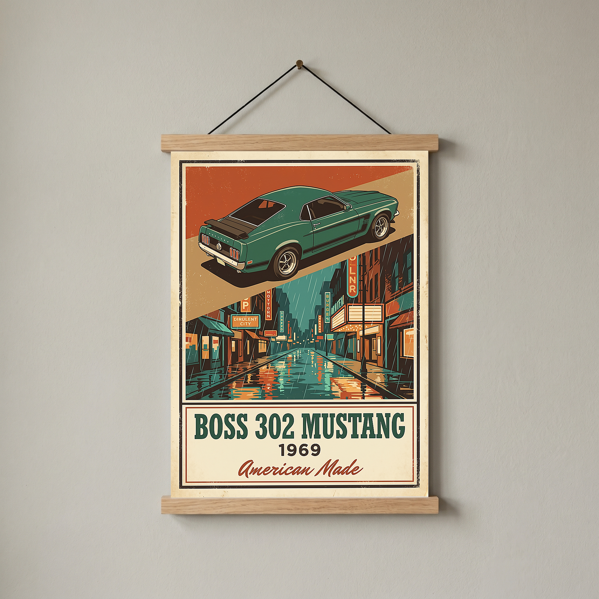Boss 302 Mustang 1969 V2 Poster — Vintage Muscle Rainy Cinema Street Print