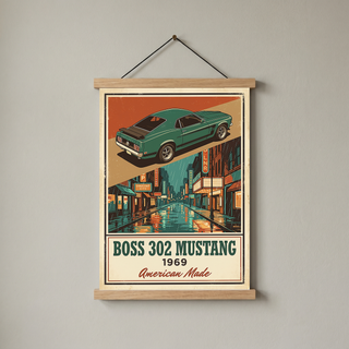 Boss 302 Mustang 1969 V2 Poster — Vintage Muscle Rainy Cinema Street Print