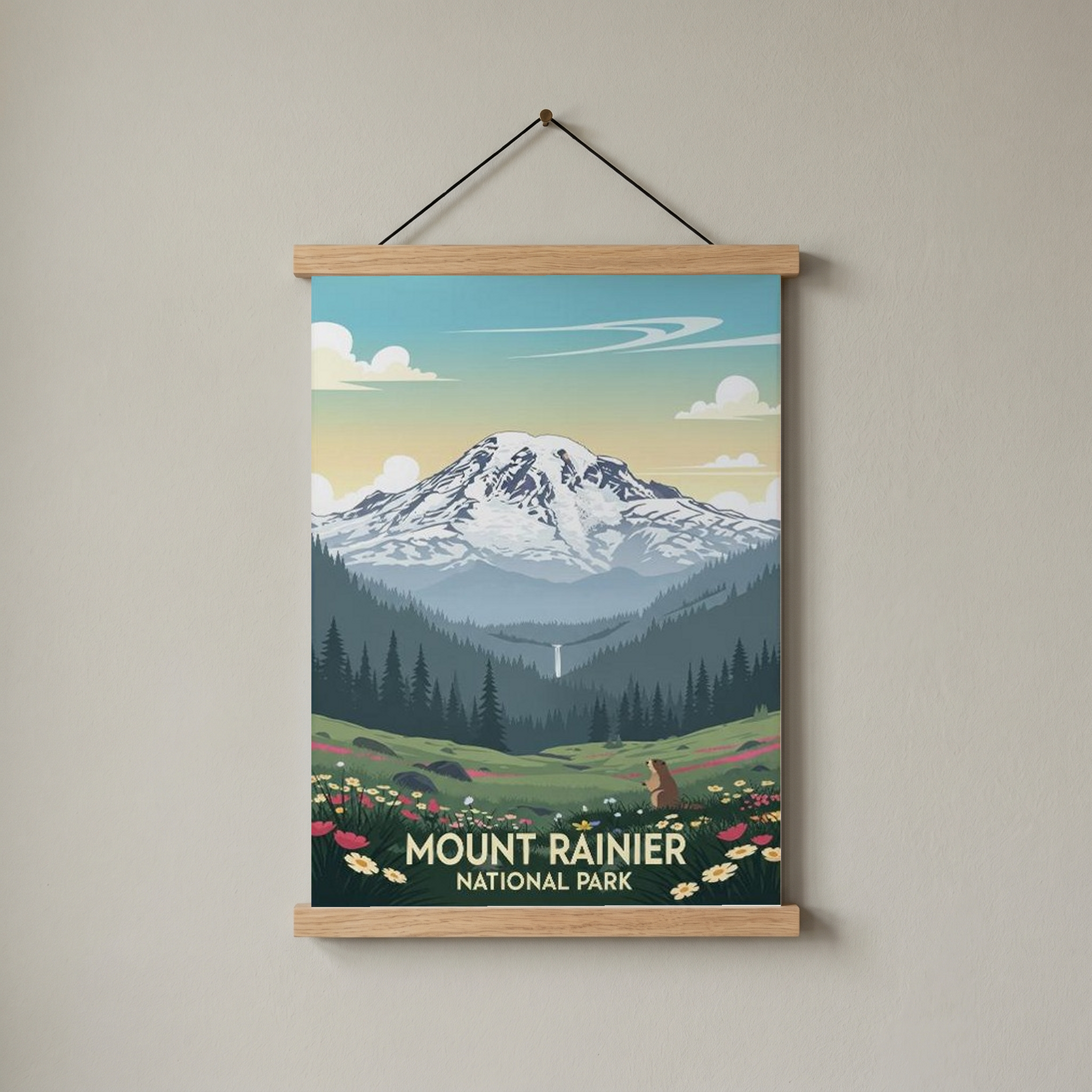 Mount Rainier National Park Poster — Vintage Washington Wildflower Marmot Print