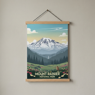Mount Rainier National Park Poster — Vintage Washington Wildflower Marmot Print
