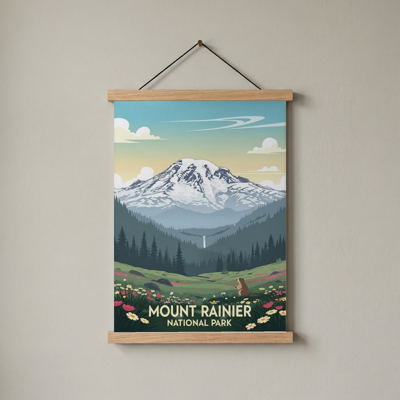 Mount Rainier National Park Poster — Vintage Washington Wildflower Marmot Print